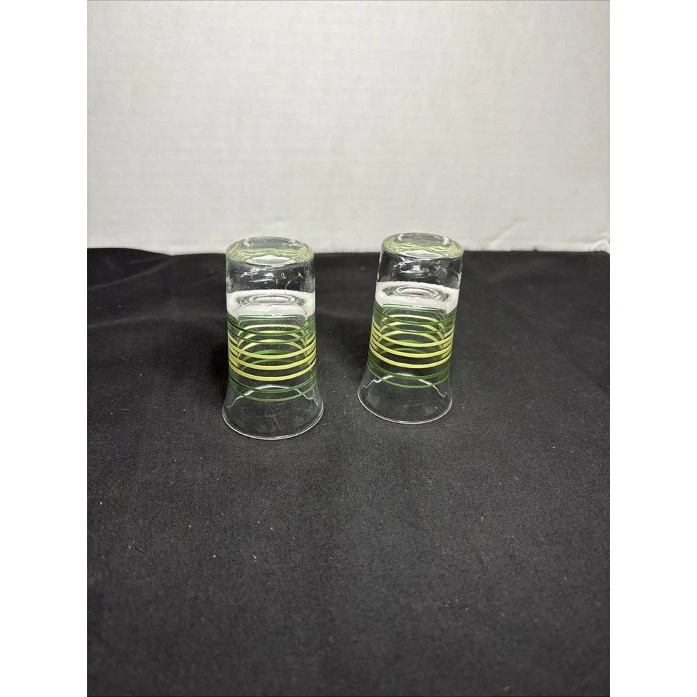 Set of 2 Vintage Green Striped Shot Glasses ~ Weighted Bottom ~ 2 7/8